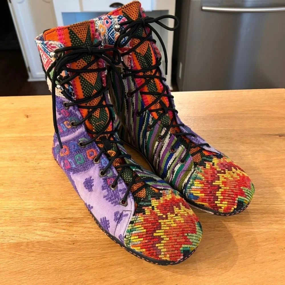 Handmade Guatemalan Huipil Boots Mens 11.5 45 Multi Color Woven Textile Lace Up